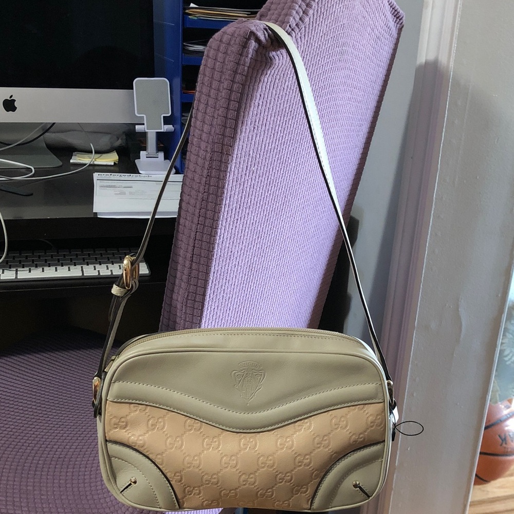 Authentic Gucci Beige and Tan Monogram Shoulder Camera Bag